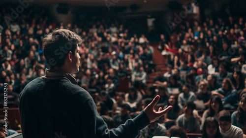 An individual from the rear view is speaking to a captivated audience in a lecture hall or theater setting