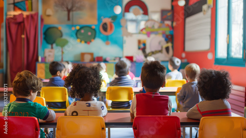 A view of young children's backs as they sit attentively in a colorful classroom environment