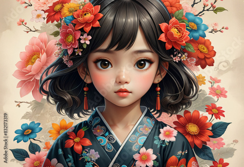 Drawing of girll wear kimono with flower