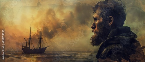 A bearded man looks at a ship sailing at sunset on the foggy sea, evoking a sense of adventure and mystery with a watercolor effect.