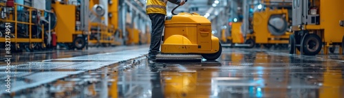 A worker and his floor buffer machine in a sprawling factory, capturing the reflective sheen of cleanliness against the backdrop of industrial machinery