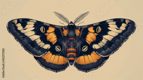 Highly detailed illustration of a colorful moth with intricate wing patterns, showcasing natural beauty and entomological art.