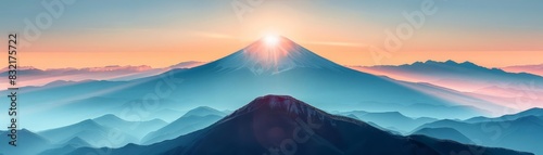 A stylized mountain summit under a soft sunrise, evoking a sense of tranquility and grandeur, perfect for inspirational themes