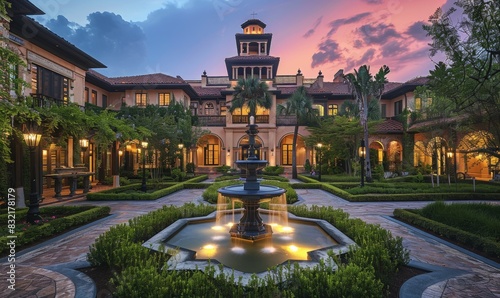 The exterior of a grand estate at dusk, with manicured gardens, a lit-up fountain in the courtyard, and majestic architecture highlighted by strategically placed lighting.
