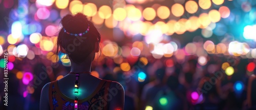 Back view of woman adorned with colorful lights at a vibrant night festival, surrounded by glowing lanterns and bokeh effect background.