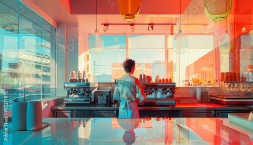 Barista in a modern, colorful coffee shop preparing drinks with a city view outside the large windows at sunset.