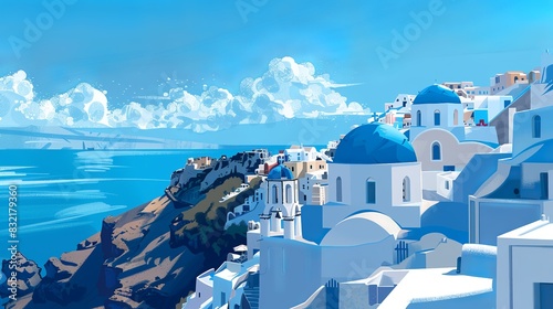 an illustration of greece landscape, blue and white, beautiful, tipycal, bird view,