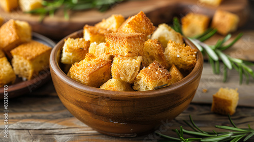 Delicious crispy croutons with rosemary in bowl on wooden
