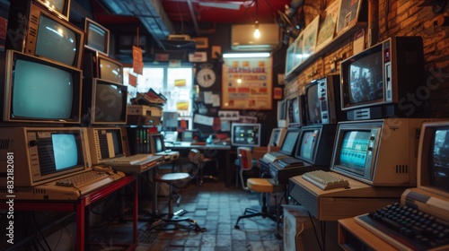 Oldschool 1990s internet cafe setup, CRT monitors and keyboards, high detail, nostalgic ambiance