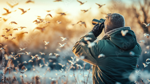 Male birdwatcher with birdwatching binoculars