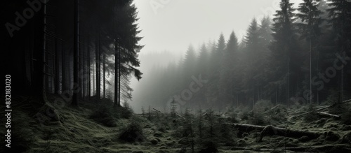 Black and white landscape Wild forest with mystic lawns. Creative banner. Copyspace image