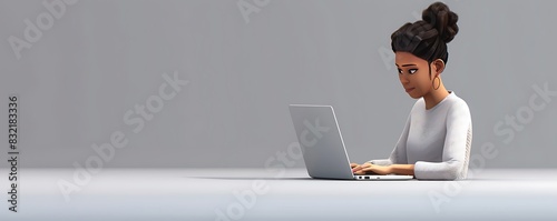 3D woman character focused on her laptop, with a plain grey background, concentrating on her work