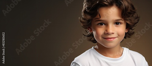 Portrait of a boy dark hair with brown eyes in a white T shirt smiling. Creative banner. Copyspace image