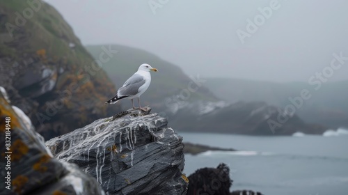 Seagull perched on rocks by the sea with a hazy ocean view in the background