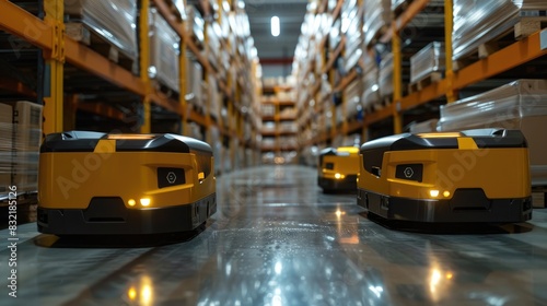 Automated yellow robots efficiently navigating a large warehouse with high shelves filled with boxes with automated warehouse collision between robots, displaying emergency shutdown features