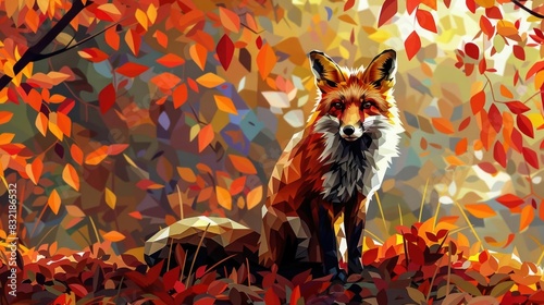 Striking geometric of a cunning low poly fox with a rich autumnal color palette set against a backdrop of vibrant fall foliage and leaves Dynamic rendering of a wild animal in a natural seasonal