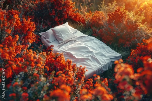 Surreal cozy bed in the middle of the flowers meadow