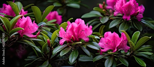 Rhododendron pink buds before blossom in the center od dark green leaves. Creative banner. Copyspace image