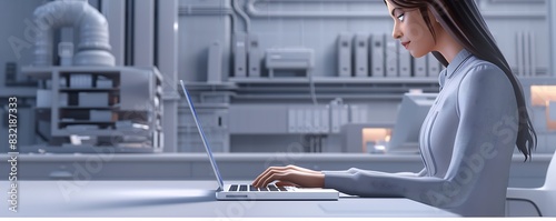 3D woman character typing on a laptop, with an office background featuring a creative brainstorming area, plain steel grey setting