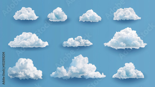 Set of isolated white clouds on a blue sky background