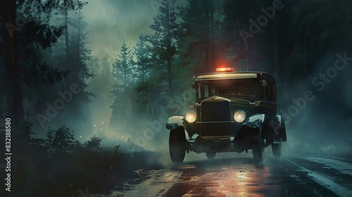 frazetta illustration of old vintage 1920s police car with single flashing red dome light on the roof is speeding down a dark eerie misty paved New Hampshire road at 