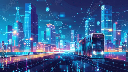 A smart city in America with automated public transport and intelligent street lighting, in a sleek, modern style. --ar 16:9 --style raw Job ID: c79707d1-61fd-4c5d-8cdf-efd48ecb7c65