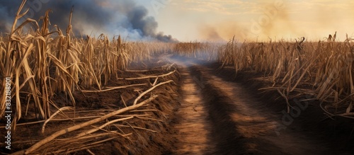 Dry sugarcane plantations die because of drought because of the effects of global warming. Creative banner. Copyspace image