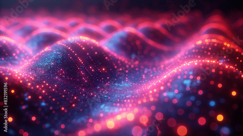 An abstract background featuring a holographic grid that appears three-dimensional. The grid is composed of glowing lines and points, creating a futuristic and immersive effect