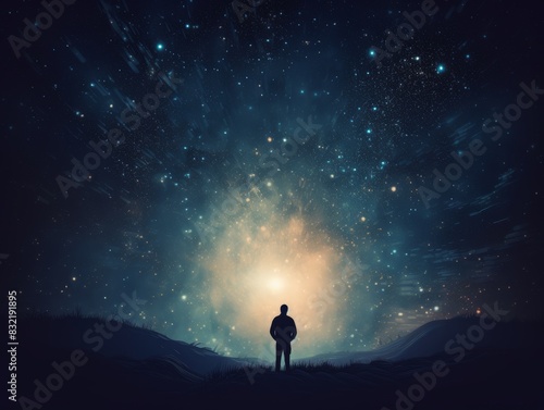 Silhouette of a person standing under a starry night sky with a glowing orb in the center, creating a sense of wonder and mystery.