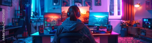 Cozy gamer setup with a person deeply immersed in a futuristic video game, the room bathed in neon lights from the screen