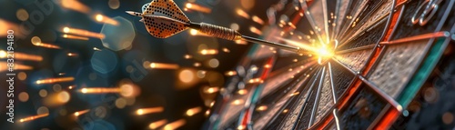 Dart in midflight hitting the bullseye with a backdrop of explosive light effects, illustrating accuracy and triumph