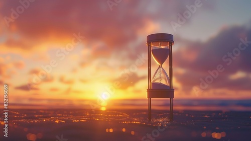 A serene scene featuring an hourglass set against the soft light of dawn, symbolizing the passage of time