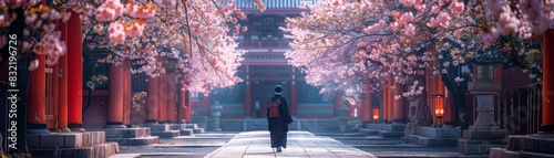 Enchanted cherry blossom path A mysterious figure in traditional attire walks towards an ancient temple under a canopy of blooming cherry blossoms
