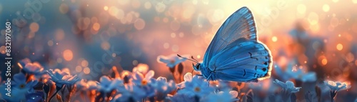 Ethereal depiction of a solitary blue butterfly in a softfocus landscape, where light and color blend to create a serene natural tableau