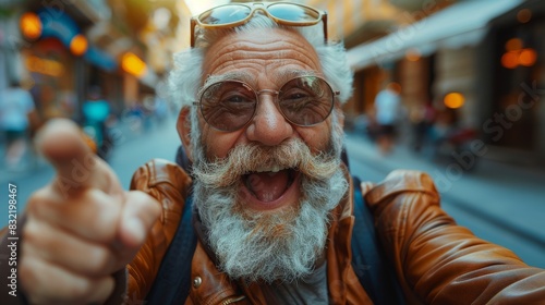 Cheerful senior man with a leather jacket, sunglasses, and gray beard is pointing and winking in an urban setting