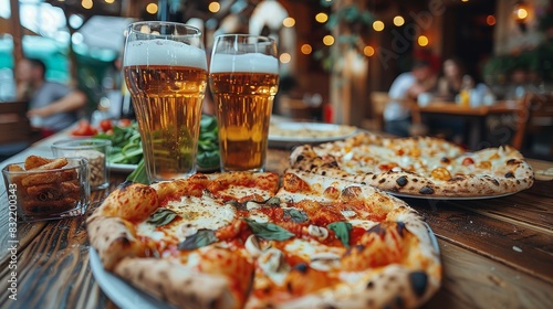 A vibrant image of pizzas and beers on a wooden restaurant table, with patrons in the background