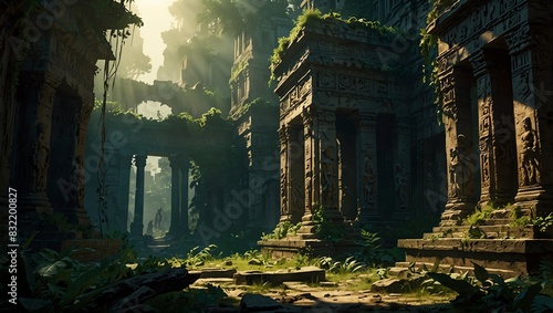The image is of overgrown ruins in a jungle.