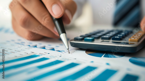 A financial analyst calculates interest rates and dividends, showcasing income and return on investment in percentage, with charts and graphs illustrating the dynamics of income, r