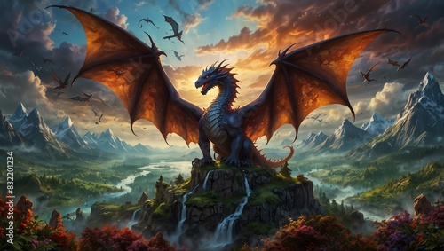  majestic dragon with red and blue scales sitting on a rocky mountaintop