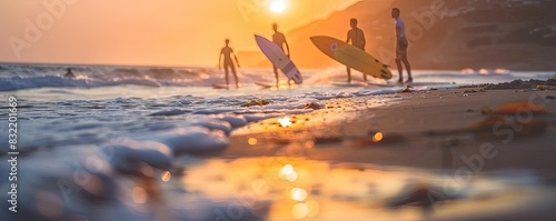 Surfers with boards walk towards the ocean at sunrise, enjoying a beautiful morning on a tranquil beach with waves and golden light.