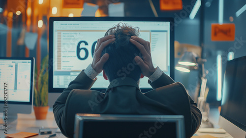 A frustrated businessman in an office setting, holding his head in his hands, staring at a computer screen displaying a 404 error, overwhelmed by a difficult project and problem an