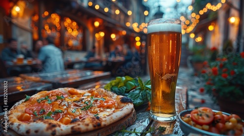 Casual outdoor dining experience with a freshly baked pizza accompanied by a glass of beer, in a vibrant street cafe