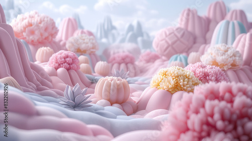 Colorful flowers and succulents are spread all over the place, soft candy colors, cartoon three-dimensional style.