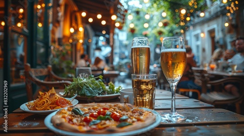 A delightful outdoor dining setting with pizza, pasta, and wine, capturing the essence of Mediterranean lifestyle