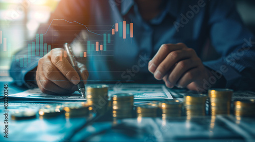 Against the backdrop of money coins, a businessman delves into financial analysis, studying a growth graph with determination and focus, aiming for financial profit return and divi