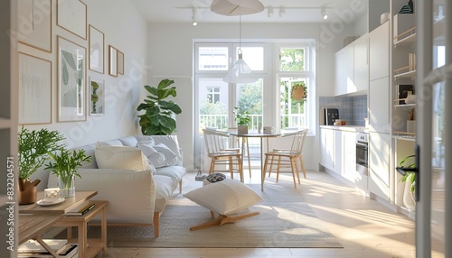 Cozy studio, apartment with a sofa and a kitchen in pastel colors, in a modern Scandinavian style