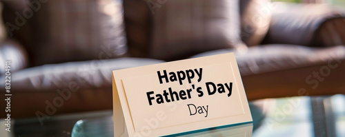 A sophisticated "Happy Father's Day" card with clean lines, displayed on a stylish glass coffee table.