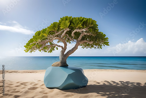 stone Summer podium sand tropical background sea abstract poduim beach product dais display presentation rock beauty racked nature palm sky pedestal vacation blue