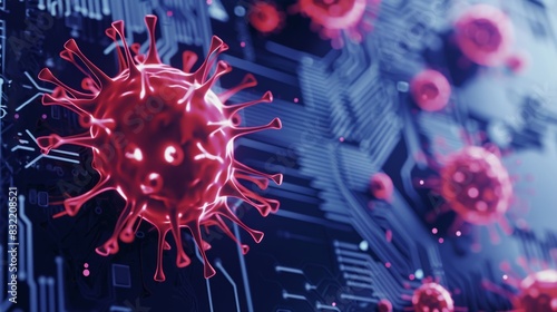 Digital depiction of a virus infiltrating computer circuitry, representing cybersecurity threats and internet malware.