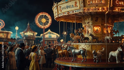  a steampunk-themed carnival with a large carousel in the center and many people walking around.